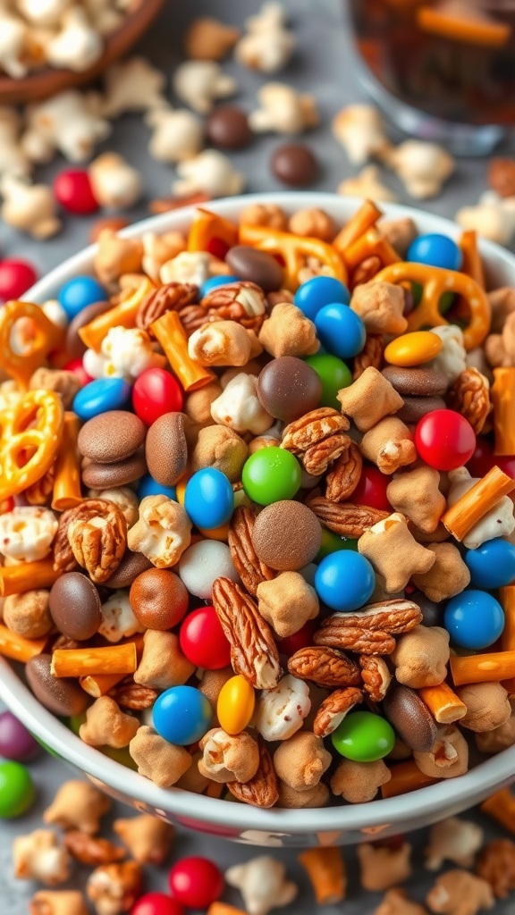A vibrant bowl of sweet and salty snack mix with pretzels, chocolate candies, and nuts, perfect for snacking.